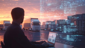 Logistics manager using laptop analyzing cargo delivery using innovative software with ai tracking system