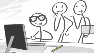 Drei fröhliche Strichmännchen in der Arbeit