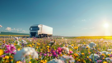 Lkw fährt an einer Blumenwiese vorbei