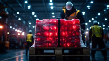 Frachtraten: rot-leuchtende Palette mit Fracht