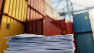 Ein Stapel Papiere liegt im Vordergrund. Im Hintergrund sind verschwommen verschiedene Container in unterschiedlichen Farben zu sehen