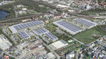 So soll der künftige Logistikpark Dortmund DC4ward von Prologis einmal aussehen (VIsualisierung, Luftaufnahme)