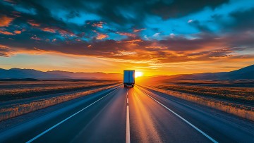 Lkw fährt in den Sonnenuntergang