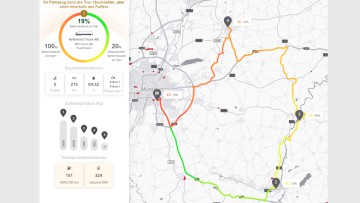 Der Screenshot zeigt ein Resultat des Routenplaners  "EV Truck Route Planner” von PTV Logistics 