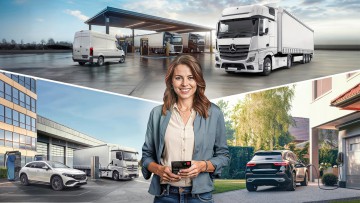 Frau mit UTA eCard vor Pkw, Lkw und Transporter an Ladesäule
