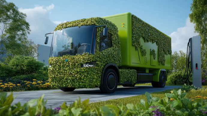 Grüner E-Lkw auf einer städtischen Straße, an der Blumen blühen und Birken im Hintergrund stehen. Der Lkw ist zum Teil mit Efeu bewachsen, daneben steht eine Ladesäule. Symbolbild für Verkehrswende und Umstellung auf einen grünen Fuhrpark