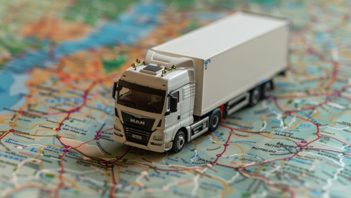 Weißer Modell-Lkw von MAN auf einer Karte (generiert mit KI)