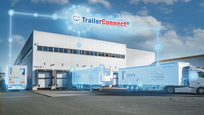 Lkws im Lager, vernetzt über Trailer Connect von Schmitz Cargobull