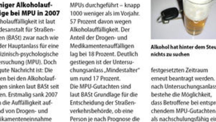 Weniger Alkoholauffällige bei MPU in 2007