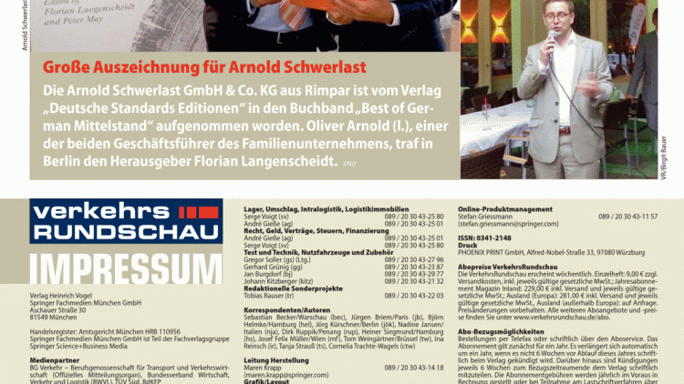 Große Auszeichnung für Arnold Schwerlast Große Auszeichnung für Arnold Schwerlast