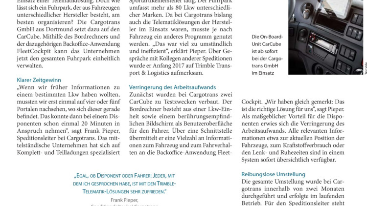 Cargotrans vereinheitlicht Telematik mit Trimble