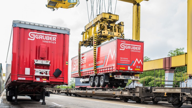 Gruber Logistics: Lkw wird von Kran auf Zug gehoben