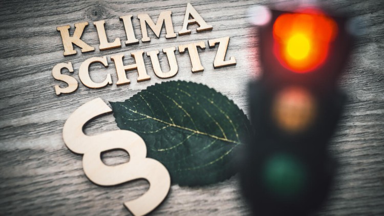 Schriftzug Klimaschutz, Paragrafenzeichen ein Blatt und eine rote Ampel auf einem Holztisch