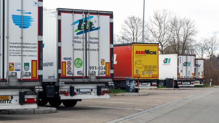 LKW stehen dicht an dicht auf einem Autobahnparkplatz. Hohe Auslastung und fehlende Stellplätze erschweren Ruhezeiten für Fahrer und zeigen Probleme in Infrastruktur, Logistik und Güterverkehr