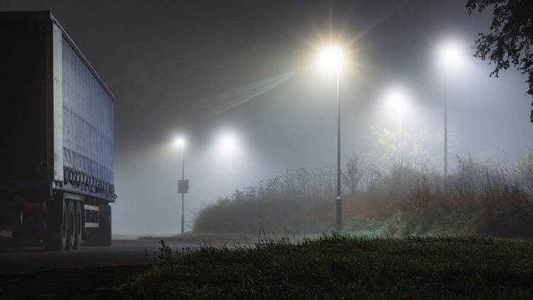 Ein Lkw steht bei Nebel nachts geparkt am Straßenrand neben Straßenlaternen