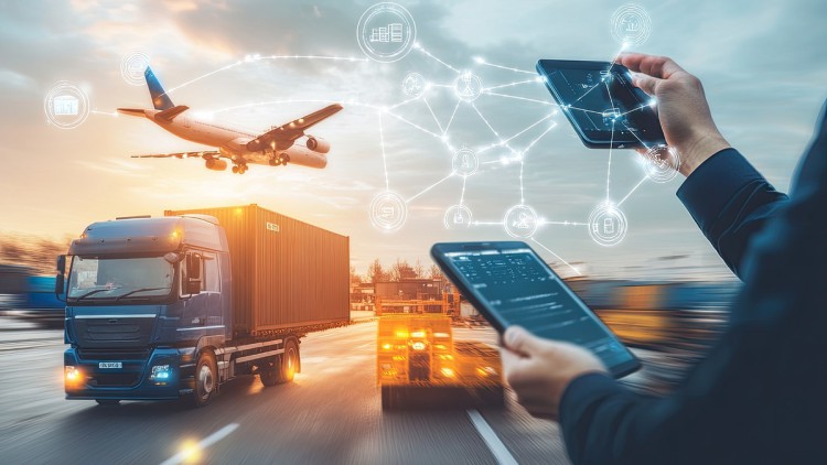 Global logistics network visualized via digital tablets, showing air and road freight transport integration