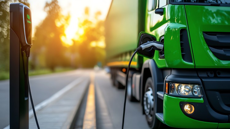 Ein grüner E-lkw lädt an einer Ladesäule