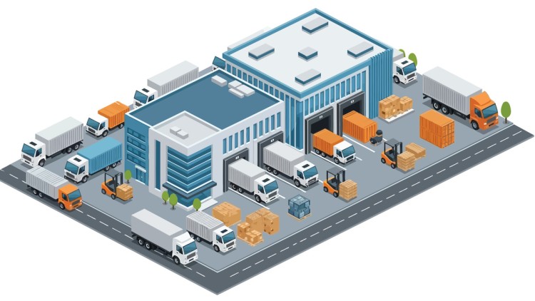 Lager, Lkw, Logistikimmobilien und Gabelstapler