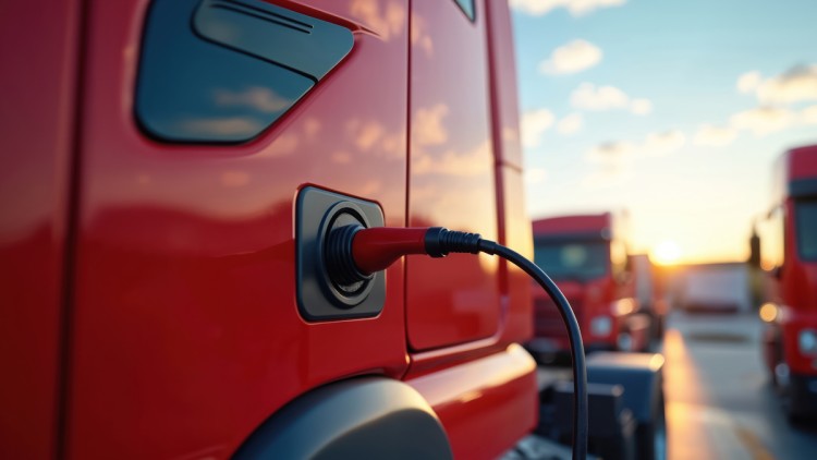 roter E-Lkw wird an der Ladesäule geladen