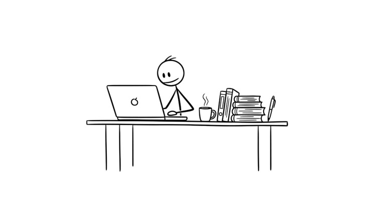 Strichfigur sitzt am Schreibtisch und arbeitet am Computer