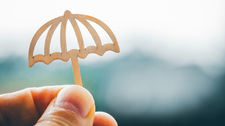 Ein Miniatur-Holz-Regenschirm stellt symbolisch einen Schutzschirm dar