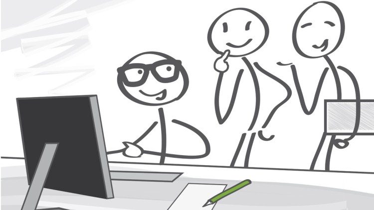 Drei fröhliche Strichmännchen in der Arbeit