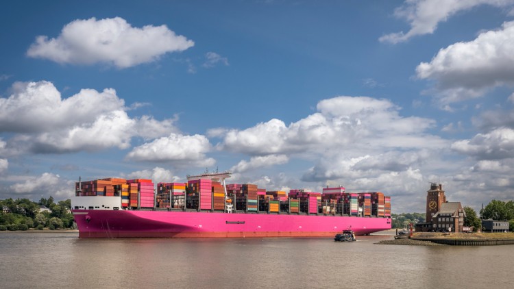 pinkes Containerschiff mit Containern
