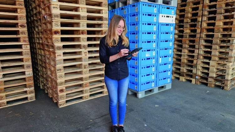 Frau vor Paletten mit Tablet