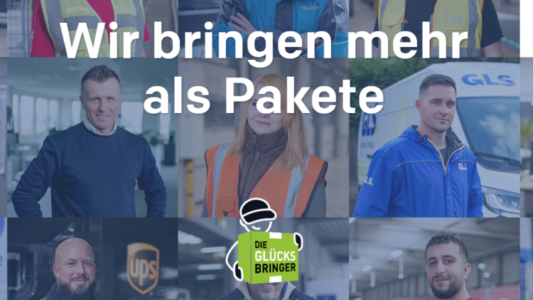 Screenshot der Kampagnen-Webseite "Die Glücksbringer" vom Verband BPEX. Es sind in Kachelformat die Bilder verschiedener Frauen und Männer zu sehen, die in der Paketbranche zu sehen. Darüber liegt ein Schriftzug "Wir bringen mehr als Pakete" und ein stili