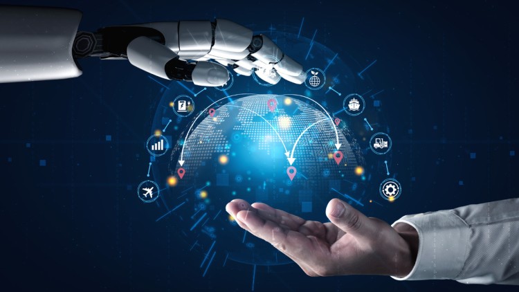 Roboterarm und menschliche Hand mit Daten-Icons symbolisieren agentische KI