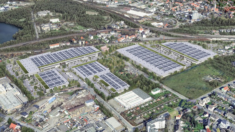 So soll der künftige Logistikpark Dortmund DC4ward von Prologis einmal aussehen (VIsualisierung, Luftaufnahme)