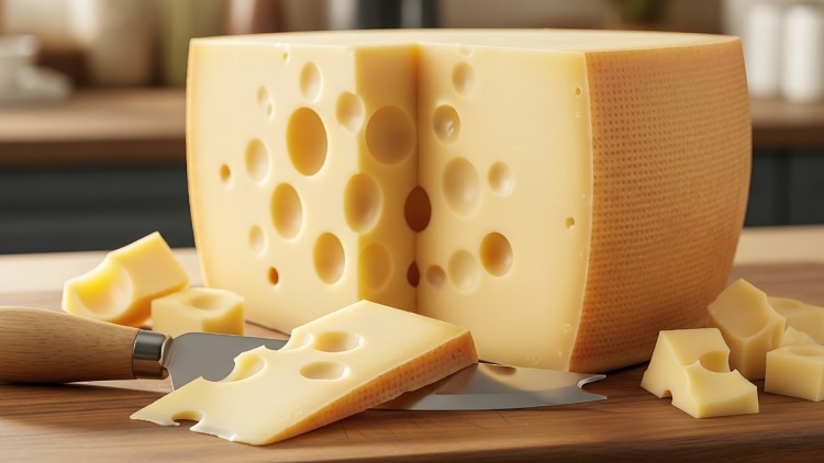 Holzbrett mit Emmentaler und Messer