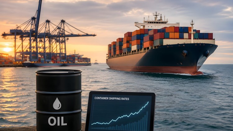 Ki generiertes Bild zeigt Ölfass und steigende Ölpreise vor Containerschiff