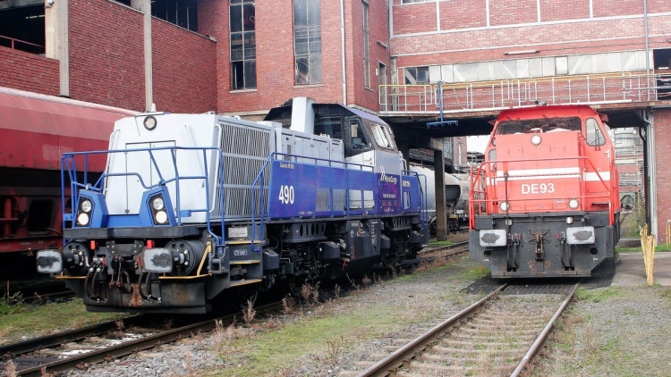 RheinCargo Loks rot und blau warten im Bahnhof