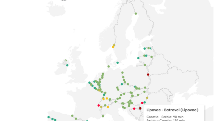 Die Grenzstatus-Karte von Transporeon zeigt Wartezeiten für Lkw an den Grenzen an. Einen Überblick zum Status verschaffen zudem die unterschiedlichen Farben gelb, rot und grün