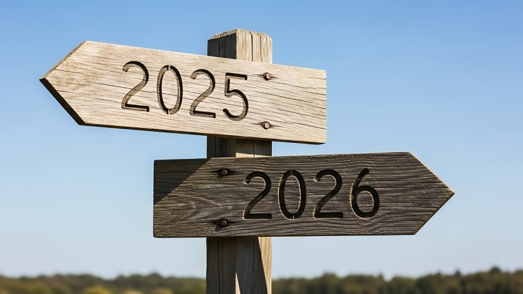 Wegweiser mit zwei Pfeilen für 2025 und 2026