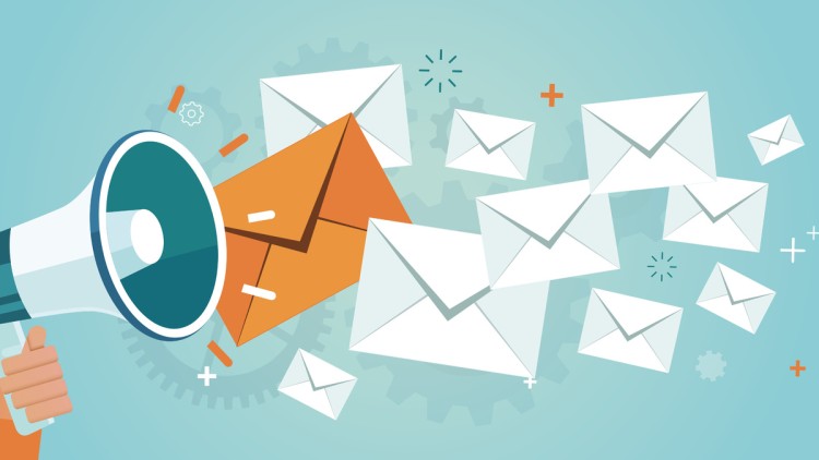 Grafische Illustration eines Megafons, aus dem mehrere Briefumschläge herausströmen. Darstellung von digitaler Kommunikation bzw. E‑Mail-Versand in stilisierter Form.