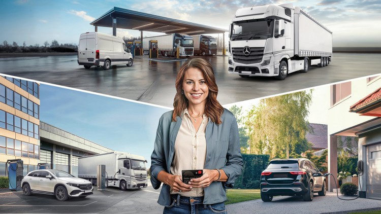Frau mit UTA eCard vor Pkw, Lkw und Transporter an Ladesäule