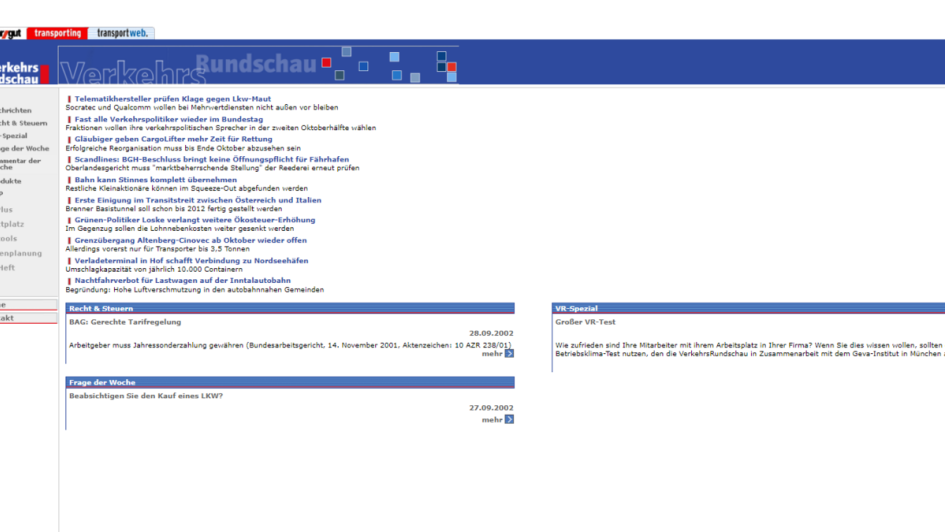 Screenshot der Nachrichten-Seite von transportweb im September 2002