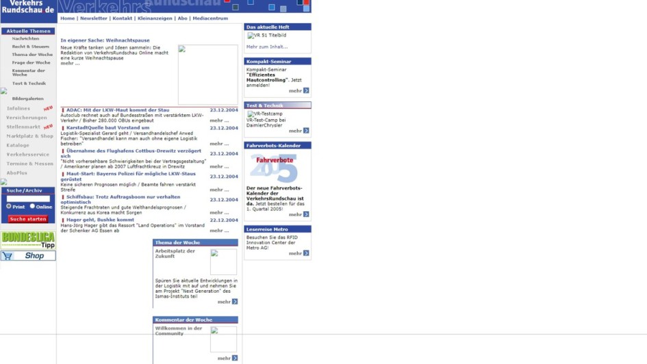 Screenshot der Website Transportweb von November 2004