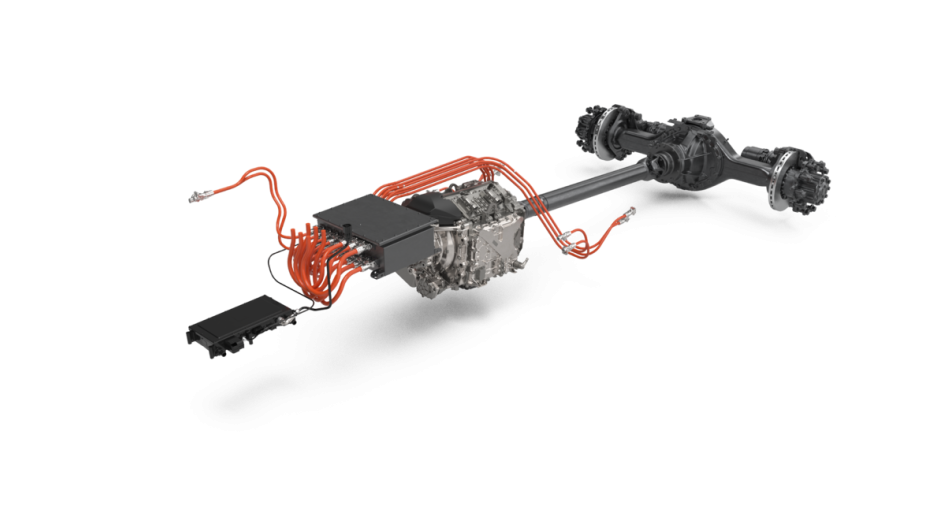 Schnittbild des Triebstrangs der neuen DAF-Electric-Modelle mit den Elektromotoren, Getriebe und Kardanwelle