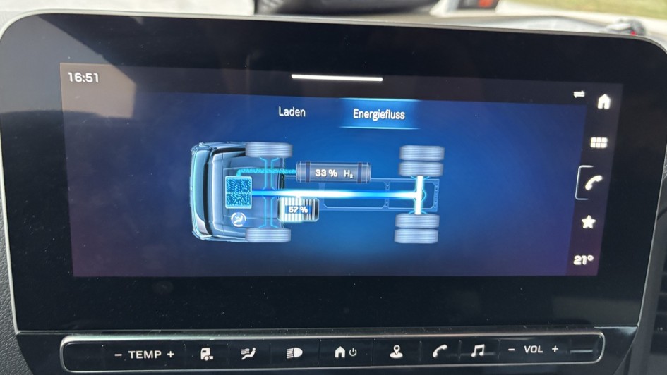 Blick auf das Display in der Mittelkonsole, hier kann man sich einen Überblick über den aktuellen Zustand der Brennstoffzelle und der Pufferbatterie verschaffen