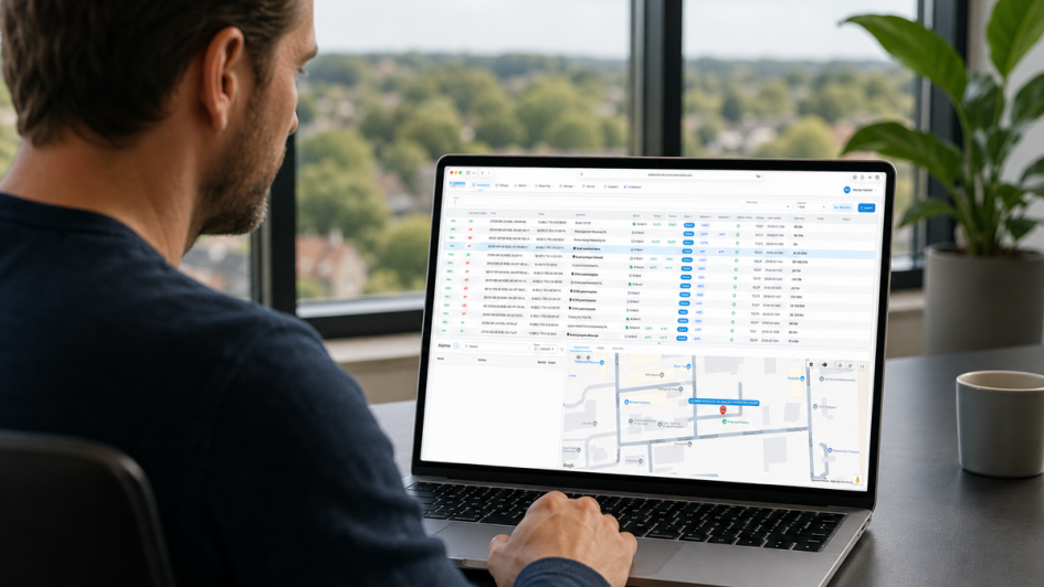 Mann vor Laptop arbeitet mit der Trailer Telematik Plattform von T Comm